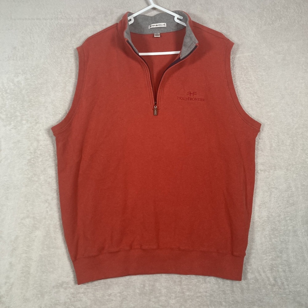 Peter Millar Vest Mens Medium Orange 1/4 Zip Cotton HollyFrontier Pullover Golf